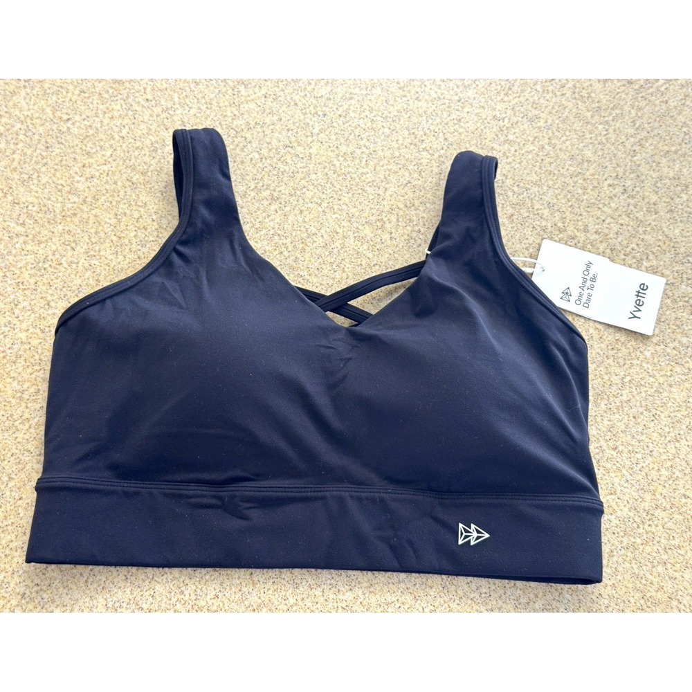 Yvette Black Wireless Crossback Sports Bra L Pullover Med Support Stretch NWT